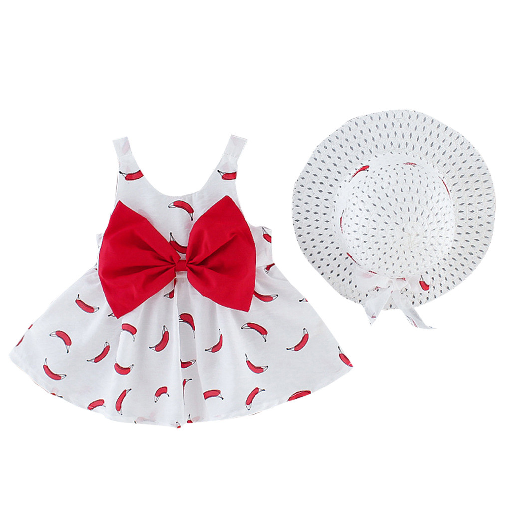 Toddler Baby Kids Girls Banana Print Princess Dress Hat Outfits Clothes
