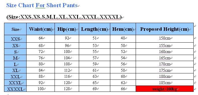 short pants size chart