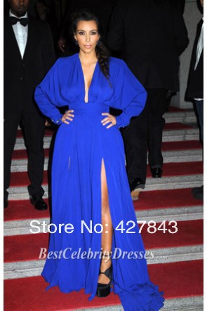 3-2013 Kim Kardashian Angel Ball Sexy Deep V Neck Long Sleeve Royal Blue Front Slit Floor Length Red Carpet Celebrity Dresses Evening Gown
