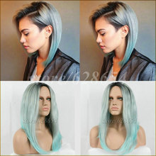 2016 Heat Resistant Short Bob Style Wig Dark Root Ombre Washed Gray/Baby Blue Glueless Synthetic Lace Front Wig Heat Resistant