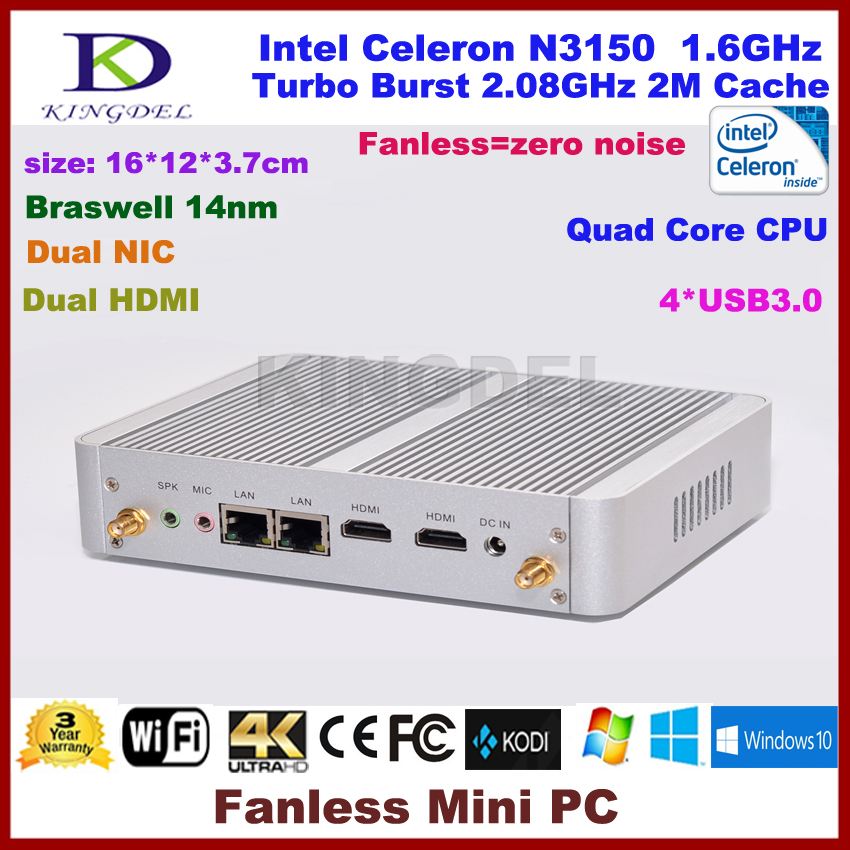 Fanless desktop pc windows 10 OS Intel Celeron N3150 Quad Core mini computer HDMI LAN WiFi