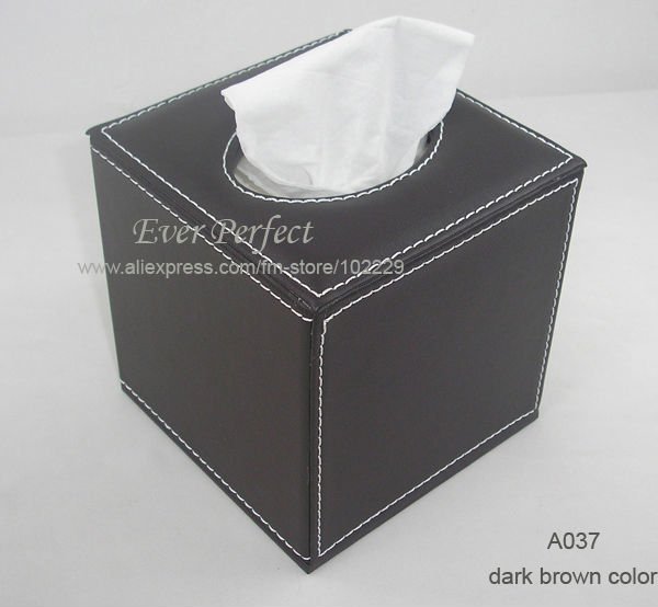 square PU leather roll tissue box cover dispenser towel box napkin box table decoration dark brown color A037