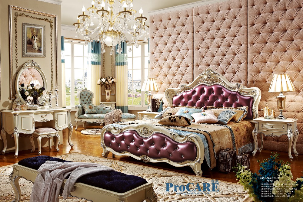 Luxury European Style Solid Wood Carving Bedroom Furniture Set With Purple Genuine Leather Bed 