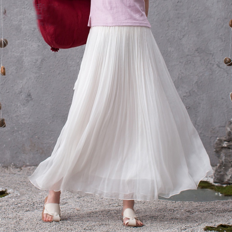 2016 Spring Summer New Silk 80% Solid White Maxi Pleated Skirt Women Full Skirt