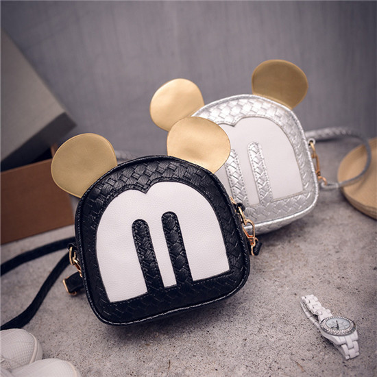 2016 PU leather woven round shape matching children bag Lovely Mickey messenger bag Crossbody Bag for