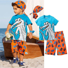 Fashion Summer Boys Clothes Sets Kids Clothes Short-Sleeve Cartoon T-Shirt + Grid Pant + Coverchief Boys 3pcs Clothing Set