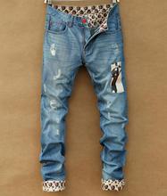 HOT 2016 Fashion flanging patch beggar teenagers cattle pants hole retro men’s wear cowboy leisure men’s trousers skinny jeans