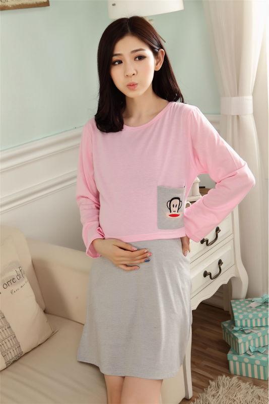 Contrast color 2 piece long sleeve nursing nightgown for pregnant breastfeeding maternity wear clothes nightwear pregnant women7