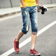 HOT 2016 Fashion Summer Style Vintage hole cowboy male ultra-thin teenagers Ripped Jeans Men Slim Fit Demin Capri biker jeans
